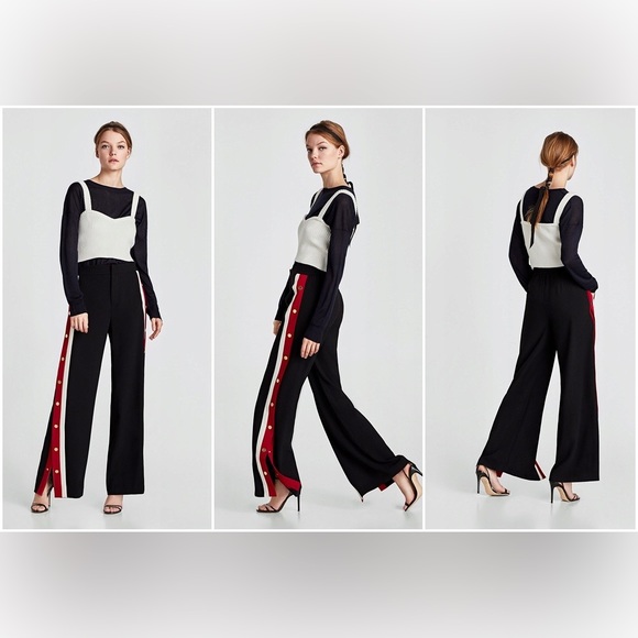 Zara Pants Side Stripes Side Snap Buttons Pocket Elastic Waist - Picture 2 of 4